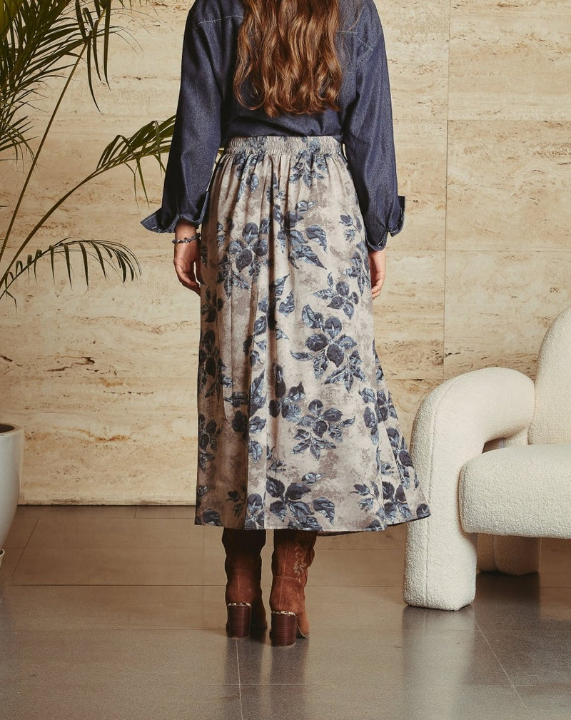 FALDA FLORES TINA GRIS - Monica Ecco