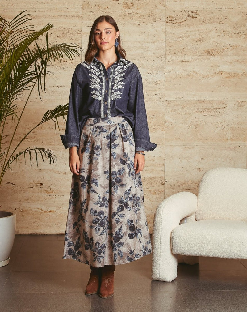 FALDA FLORES TINA GRIS - Monica Ecco