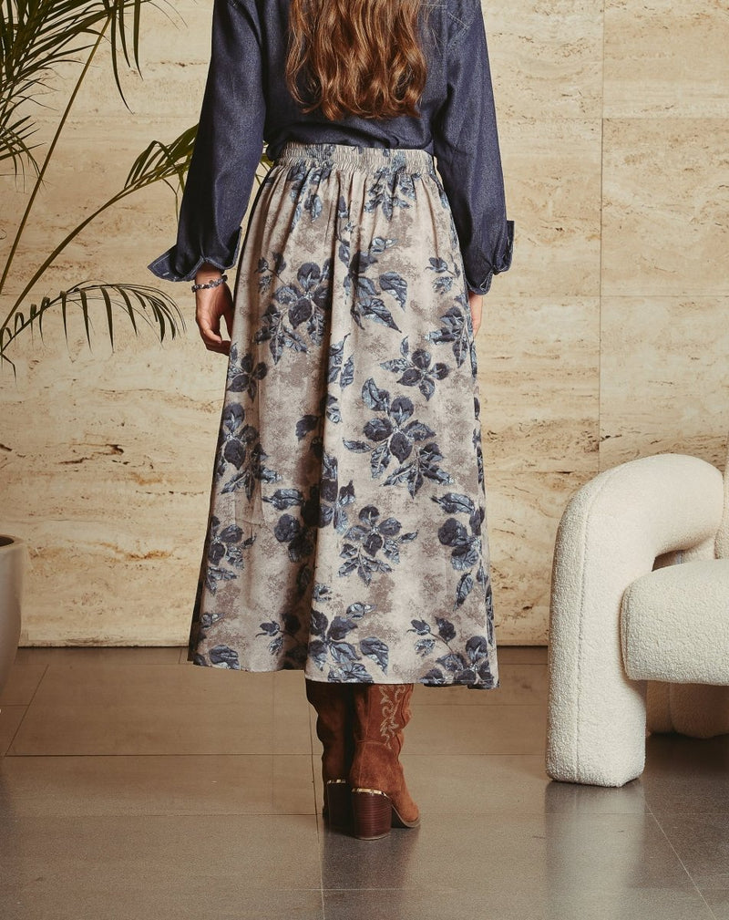 FALDA FLORES TINA GRIS - Monica Ecco