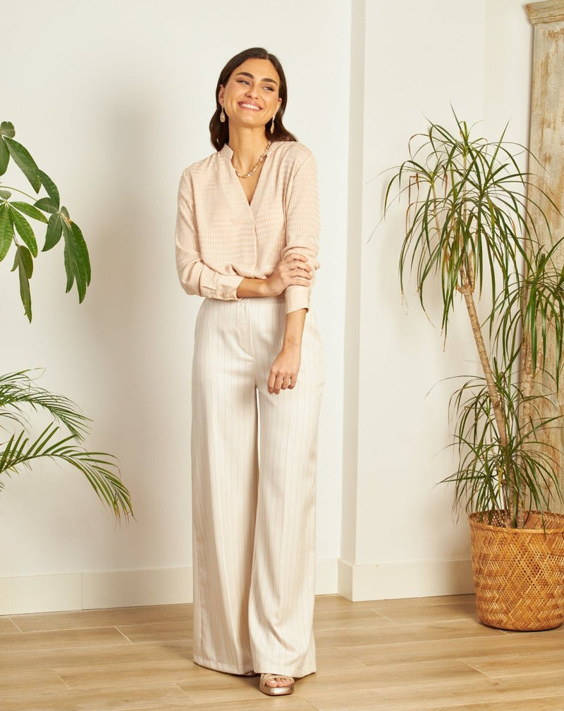 PANTALÓN RAYA DIPLOMÁTICA BEIGE - Monica Ecco