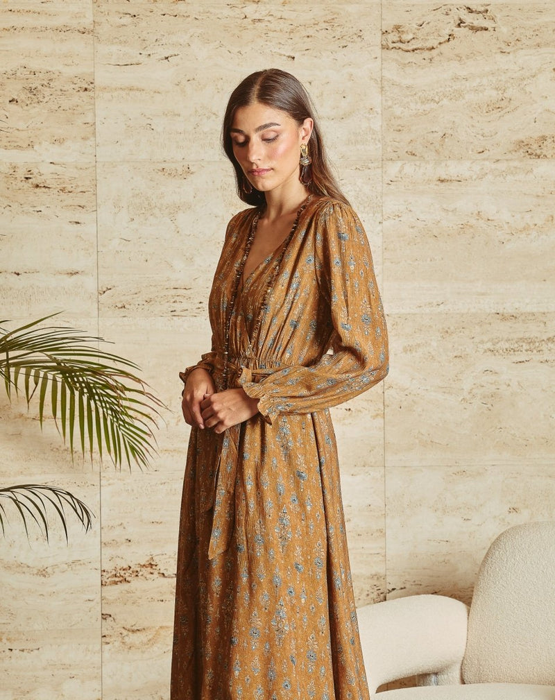 VESTIDO CRUZADO ALBA CAMEL - Monica Ecco