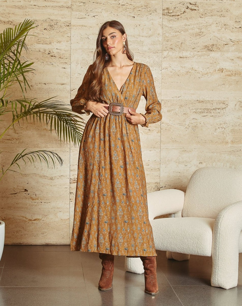 VESTIDO CRUZADO ALBA CAMEL - Monica Ecco