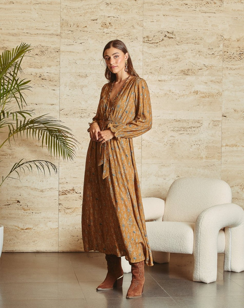 VESTIDO CRUZADO ALBA CAMEL - Monica Ecco