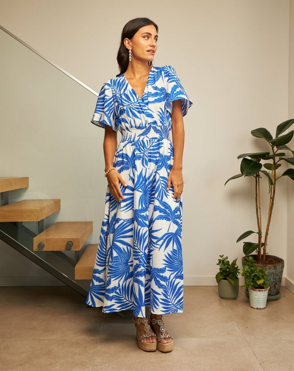 VESTIDO CRUZADO ELÁSTICO AZUL - Monica Ecco