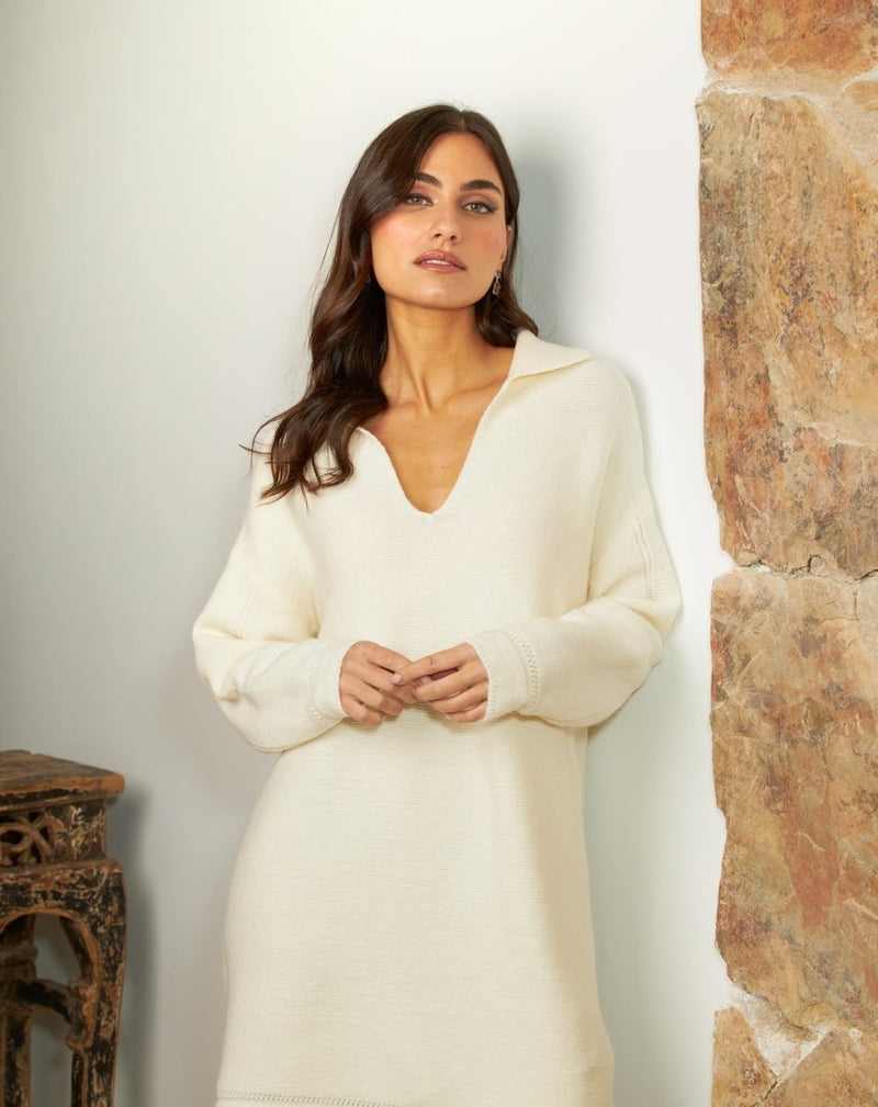 VESTIDO CUELO PUNTO BEIGE - Monica Ecco