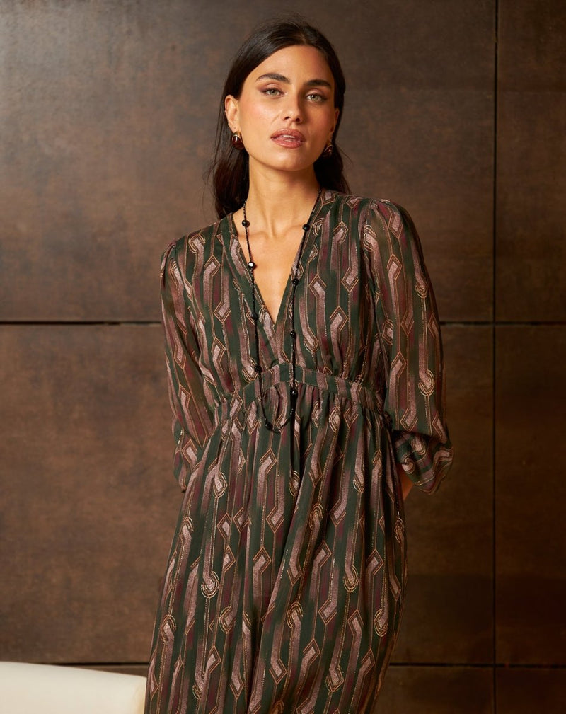 VESTIDO GEOMÉTRICO VERDE LAURA - Monica Ecco